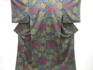 アンティーク　花更紗模様織り出し十日町紬着物